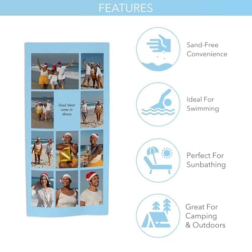 Print Maniacs Custom Personalised Beach Towel Photo Collage with Message Microfibre Large Quick Dry Lightweight Travel Towel Holiday Pool Gym Spa Gift — view 4