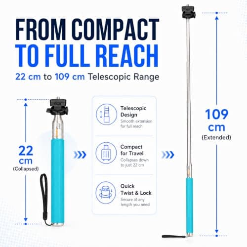 Selfie Stick - Traveller Monopod for Compact Digital Cameras, Action Cam - Works with Sony, Canon, Nikon, Panasonic and More with 1/4" Screw - Wrist Strap Included - Range: 22 to 109 cm - Blue — view 4