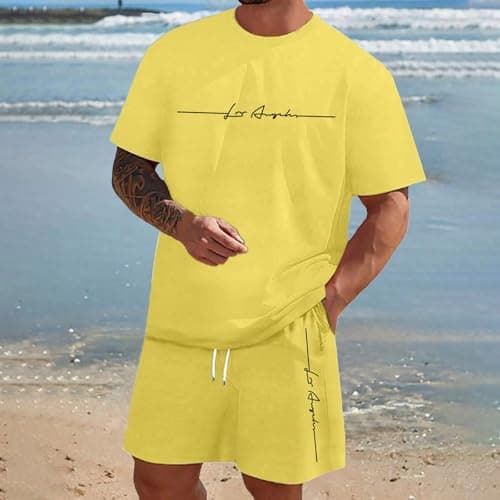 Generisch Men's Jogging Suit, Short 2-Piece Comfortable T-Shirt & Shorts Set, Cotton Mix, Oversized Street Print, Breathable, Sports, Leisure Outfit for Training, Streetwear, Travel, Yellow-2, M — view 3