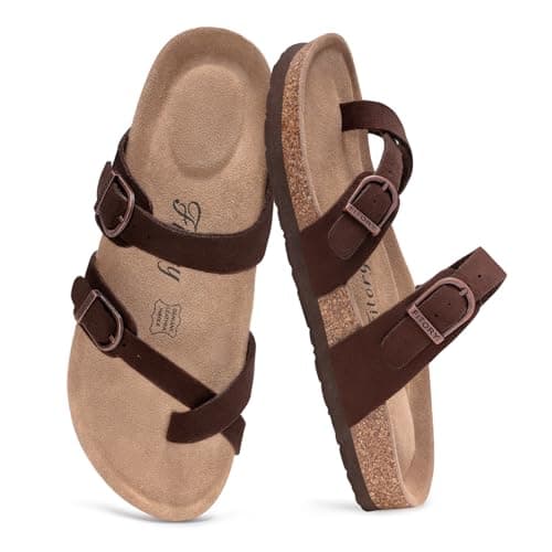 FITORY Women's Leather Sandals Comfort Cork Footbed Suede Brown Size 6