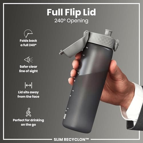 Ion8 Water Bottle, 500 ml/18 oz, Leak Proof, Easy to Open, Secure Lock, Dishwasher Safe, BPA Free, Hygienic Flip Cover, Carry Handle, Fits Cup Holders, Easy Clean, Carbon Neutral, Grey — view 4