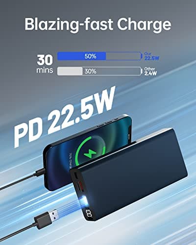 Power Bank 20000mAh, Super Quick Charge Portable Charger, USB C 3 Outputs [Alloy] Durable Battery Pack for iPhone 15 14 13 12 Huawei Samsung Galaxy Android iPads Tablet (Blue) — view 2
