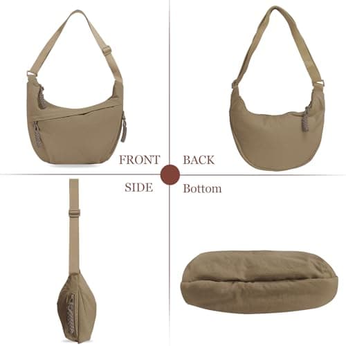LOCCY Crescent Bag for Women, Nylon Crescent Crossbody Bags Half Moon Bag Dumpling Bag Hobo Shoulder Bag Multi Pockets with Adjustable Strap for Travel Shopping Work (Dark Khaki) — view 6