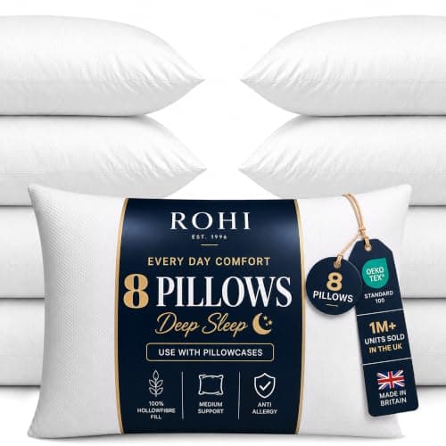 Rohi Everyday Comfort Pillows 8 Pack | Neck Support Hypoallergenic Pillow | Breathable Medium Firm Pillows for Back, Front & Side Sleepers | UK Made 45 × 66 cm