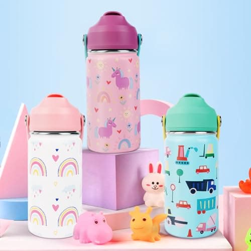 AMFUN 350ml /12oz Kids Insulated Water Bottle with Straw Lid,Small Flask Vacuum Insulated,Upgraded Leak Proof Lid with Straw & Handle for Boys Girls Hot Cold Drinks,BPA-Free (Rainbow) — view 5