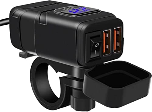 Kriogor Motorcycle Car Charger, QC 3.0 USB Socket and 6-30V LED Voltmeter, IP65 Waterproof Motorbike USB Adapter with On-Off Switch for 12V Boat Marine SUV (Blue)