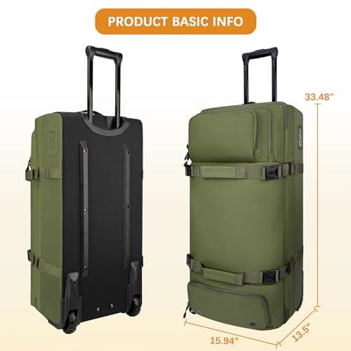 LARIPOP Rolling Duffle Bag with Wheels, 100L 33.5 Inch Waterproof Wheeled Travel Luggage with Shoe Compartment, Dark Green, 33.47 x 16.14 x 14.97 inches, Fashion — view 4