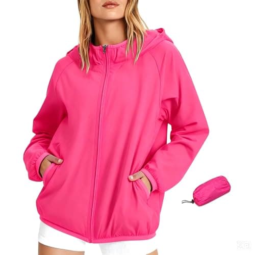 Anbiryeik Packable Waterproof Jacket Women Lightweight Breathable Raincoat with Pockets Windproof Softshell Outdoor Rain Jacket Functional Outwear for Walking Hiking Travel Running Cycling HPink XXL