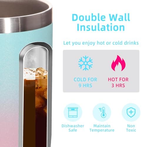 Volhoply 14oz Insulated Stainless Steel Coffee Mug with Leakproof Lid,Double Wall Vacuum Travel Coffee Cup with Handle,Reusable Metal Tumbler,Camping Mugs Keep Hot,Christmas Gifts(Green Pink,1) — view 3