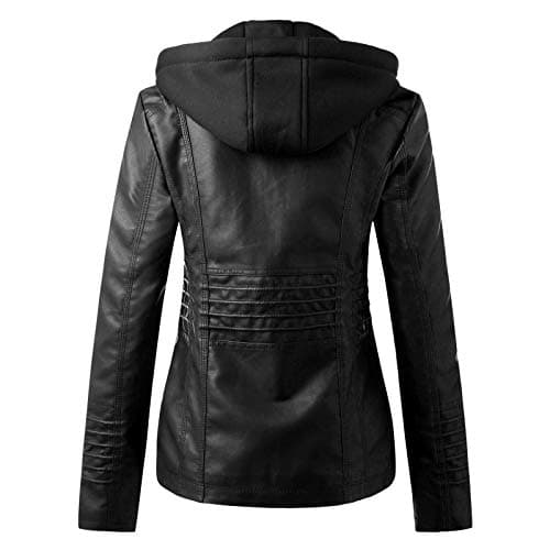 LOIJMK Women's Biker Jacket, Women's Hooded Motorcycle Jacket, Funky Slim Faux Leather Jacket, Trendy Functional Jacket for Women with Hood, Long Sleeve Transition Jacket, Outdoor Jacket, Slim Fit — view 2