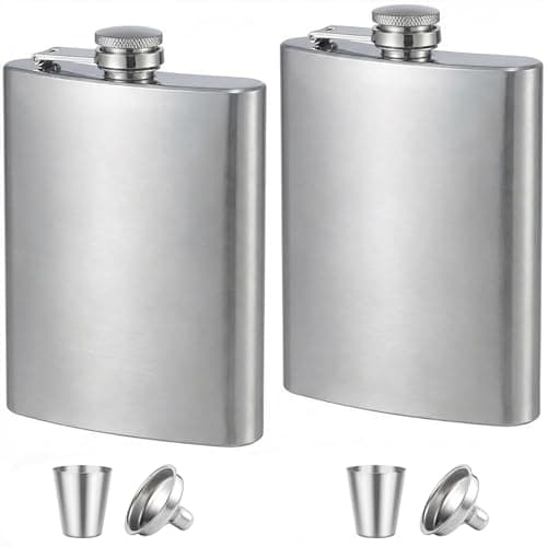 Stainless Steel Hip Flask 8oz Silver, Metal Flask for Whiskey Liquor, Small Pocket Flask with Funnel Cup, Mini Flask for Men Women Travel Camping Gifts 2 Pack