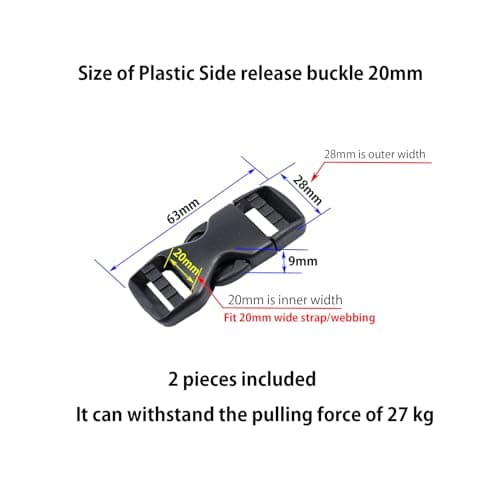 Baikeen Side Release Buckles 15mm/20mm/25mm/32mm/38mm/50mm Heavy Duty Plastic Buckle Clips Belt Snap Clasp Backpack Buckle Replacement Dual Adjustable No Sewing for Strap 20mm(20mm,2 Sets) — view 2
