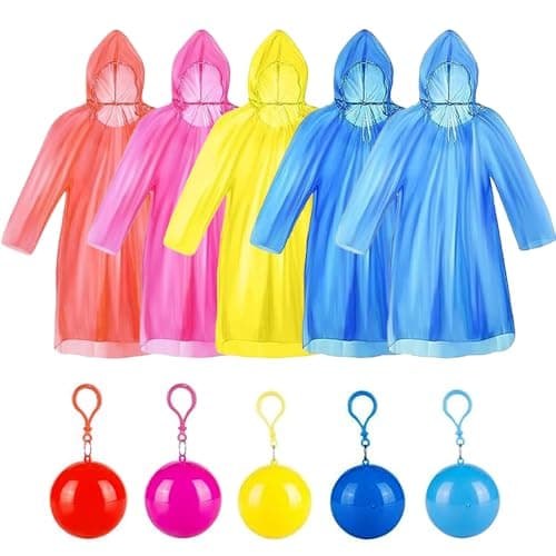 dogmoon Disposable Emergency Rain Ponchos, 5 PCS Waterproof Raincoats Packaged in Keychain Ball with Hook, Disposable Rain Poncho with Hoods for Camping Cycling & Outdoor Activities(5 Color)