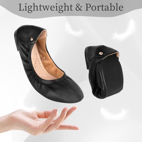 OFFCUP Roll up Shoes, Black Leather Ballet Flats, Portable Round Toe Slip On Dolly Shoes, Ballet Pumps for Women Ladies for Weddings and Parties Work Office Formal (UK 5) — view 2