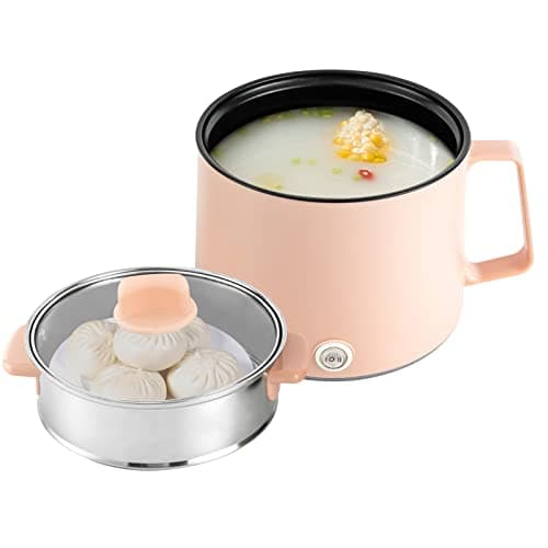 1.7L Electric Hot Pot, Double Layer Electric Cooker with Steamer, Portable Multifunctional Noodle Pot, Mini Travel Hot Pot for Soup Pasta Vegetables, Boil Dry Protection UK Plug (Pink)
