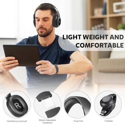 WorWoder 80Hrs Wireless Over Ear Headphones, Bluetooth 5.0 Wireless & Wired Mode, HiFi Stereo Sound with Mic, Lightweight Headset with Deep Bass for Work Travel Online Class (BLACK) — view 4