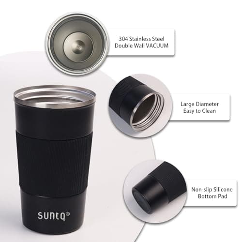 SUNTQ Reusable Coffee Cups Travel 510ml Coffee Travel Mug with Leakproof Lid - Thermal Mug Insulated Cup - Stainless Steel Travel Cup with Rubber Grip for Hot and Cold Drinks Black — view 2