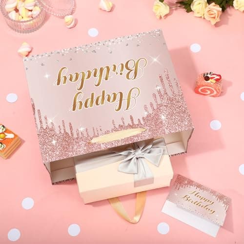 12'' Large Rose Gold Happy Birthday Gift Bag for Women and Girls Pink Present Set with Greeting Card and Wrapping Tissue Paper Birthday Party Decorations Supplies — view 5