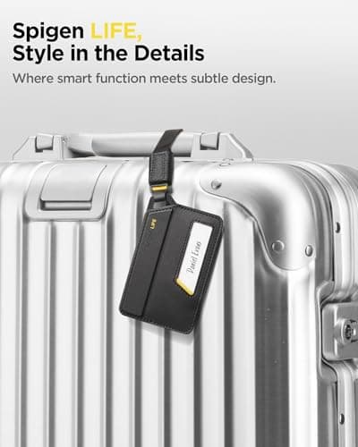 Spigen Luggage Tags LF510 Premium Velo Vegan Leather ID Label for Suitecase Travel Bag Accessories with Magnetic Closure Privacy Protection Design Durable Strap - Black (2 Pack) — view 2