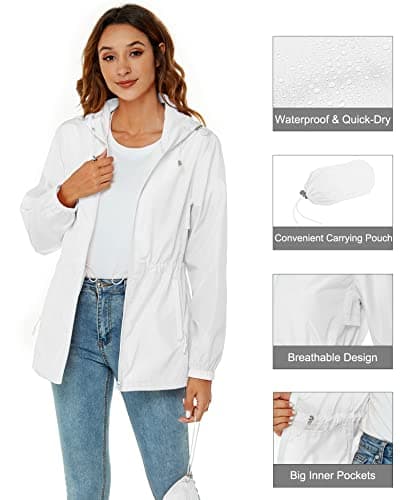Rapbin Raincoats for Women Waterproof Jacket Hooded Raincoat Lightweight Windbreaker Outdoor Packable Hooded Rain Coats Jacket White XL — view 4