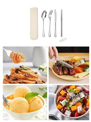 QZLSAYSL Camping Cutlery Metal，Travel Knife and Fork Set，7-Piece (Beige) — view 4