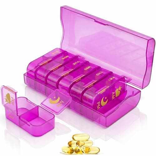 Cisrgo Weekly Pill Organizer 2 Times a Day, 7 Day AM/PM Pill Box, Portable Medication Dispenser with Child-Resistant Latch, BPA-Free, Travel, Office, Pets, Emergency Use (Lavender Purple)