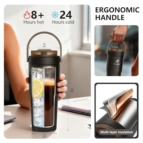 KANGZY Coffee Cup Travel Mug 600ml – Stainless Steel Insulated Water Bottle, 2-in-1 Lid, Vacuum Thermal Cup, Leak-Proof Design, Keeps Drinks Hot 8H+ / Cold 24H – Work, Travel & Car (Mocha Brown) — view 3