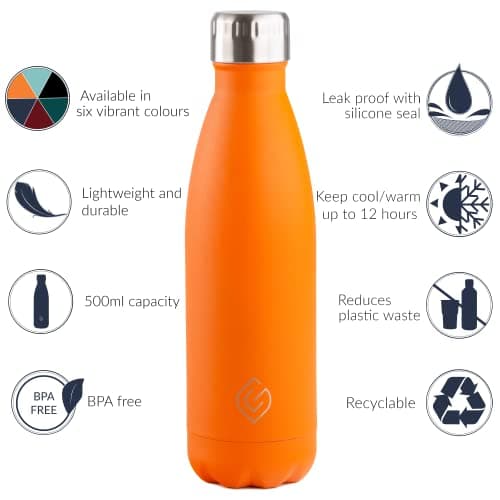 Greenfield Collection 500ml Water Bottle; BPA Free Double Walled Stainless Steel Vacuum Insulated Water Bottles - 12 Hours Temp Controlled - Leakproof Sports Flask Great for Work, Gym, Travel - Orange — view 2