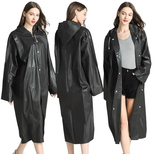 Cosowe Rain Ponchos for Adults Reusable, 2 Pcs Raincoats Emergency for Women Men with Hood and Drawstring, Black — view 2