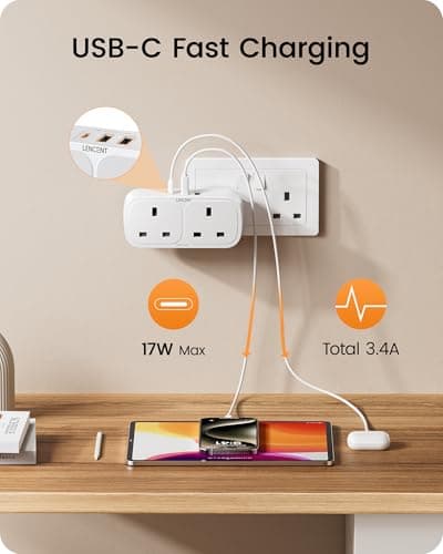 LENCENT Plug Adapter with 3 USB (1 USB-C), Double Wall Plug Extension — view 3