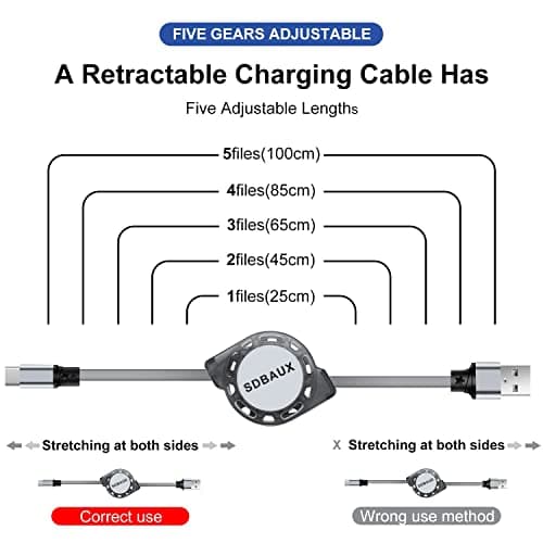 SDBAUX USB C Cable Fast Charging 1M, QC 3.0 Type C Retractable Charger Cord — view 3