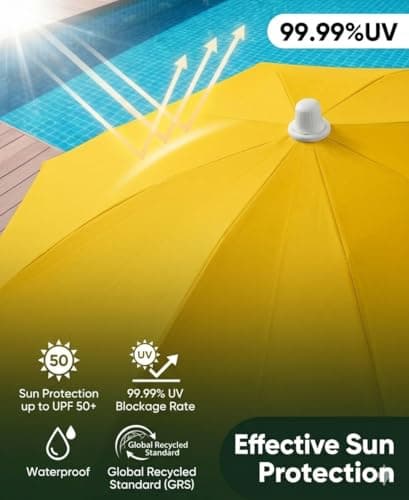Sekey 1.6m Beach Parasol with Carry Bag, UPF 50+ Portable Garden Umbrella, Height Adjustable & Tilt Function for Balcony, Patio, Yellow — view 4