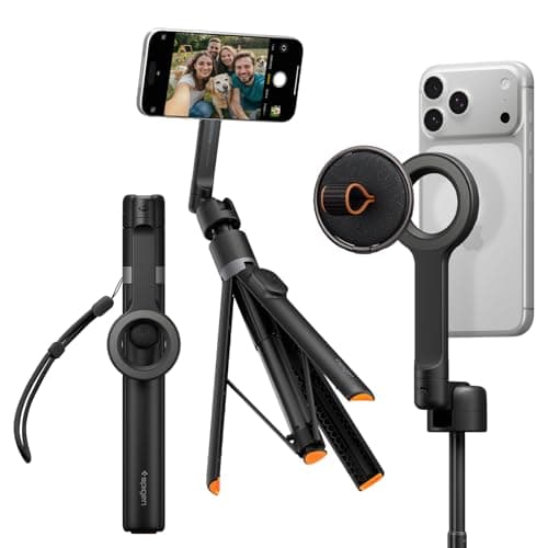 Spigen S582W MagFit Plus MagSafe 66" Extendable Tripod Selfie Stick for iPhone, 360° Rotating Head Bluetooth 5.0 Remote, One Push Opening Magnetic Phone Stand, Universal metal ring included - Black
