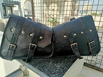 HANDBUCKS Saddle Bag Real Vintage Leather 2 Side Bag & 1 Tool Pouch || Motorcycle Swing Arm Panniers (Black), PS-09 — view 3
