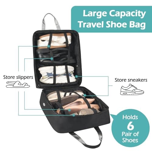 Shoe Bags for Travel with Handle, Travel Shoe Bags for Packing, Portable Shoes Storage Bag Organizer, Travel Luggage Shoe Bag for Women Men Holds 6 Pair of Shoes (Black) — view 3