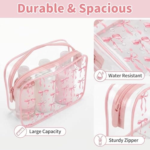 2 Pcs Clear Wash Bag with Pink Bow Pattern Transparent Toiletry Bag Water-Resistant Makeup Cosmetic Pouch for Travel Airport Security Liquids Holiday Organiser Set for Women Girls — view 3