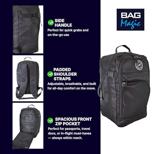 Ryanair Cabin Bag 40x25x20cm Underseat Backpack – Airline Approved Free Carry On Flight Bag | Lightweight 20L Nylon Travel Backpack Fits Ryanair, EasyJet, British Airways & More - Black — view 3