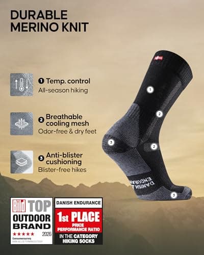DANISH ENDURANCE Merino Hiking Socks, Wool Socks, Merino Socks, Trekking Socks, Breathable & Strongly Padded Work Socks, Men, Women & Children, 3 or 5 Pairs — view 2