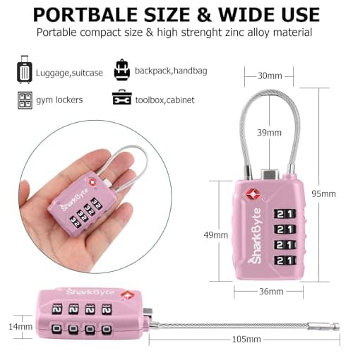 SharkByte TSA Approved Suitcase Locks - 4-Dial Security Travel Combination Padlock, Flexible Cable Wire Travel Lock for Suitcases, Luggage locks, Case Travel Bag Gym Locker Code Small PadLock (4 Pack) — view 4