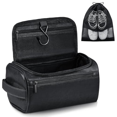 Zocipro Leather Toiletry Bag for Men, Black PU Artificial Leather Wash Bag for Travel, Gym & Shaving, Dry & Wet Separation with 3 Compartments - Perfect Men's Hanging Washbag with Shoe Bag