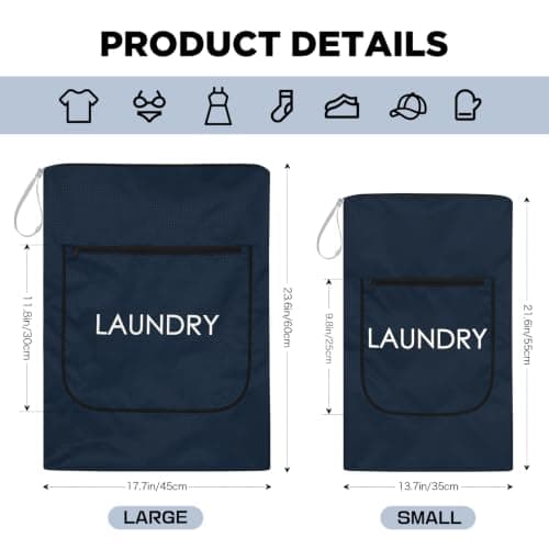 2 Packs Laundry Bags, Foldable Dirty Clothes Travel Laundry bag with Zipper, Washable Wet & Dry Organizer for Gym, Swimming, Yoga, Workout & Swimsuits (Navy Blue(Small+ Large)) — view 3