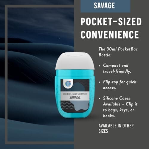 Palm Safe Savage 3 Pack Pocketbac 30ml Anti Bacterial Premium Hand Sanitiser Travel Size Refillable Clip Bottle Quick Drying Non Sticky Extra Moisturising Kills 99.9% of Viruses and Bacteria — view 3