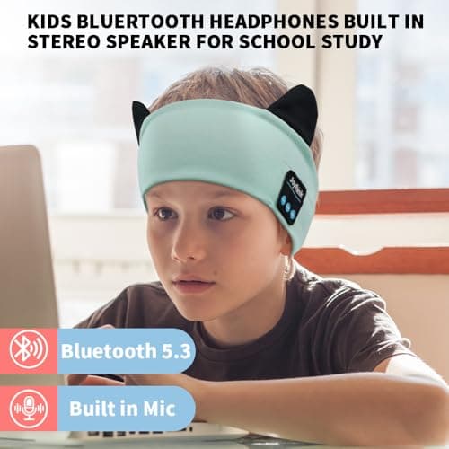 Joythink Kids Bluetooth Headband Headphones Sleep Mask Wireless Earphones Built in Thin Speaker Kids Adjustable Sports Headset for Girls Boys Children Baby Toddler Airplane Travel Study Aqua — view 4