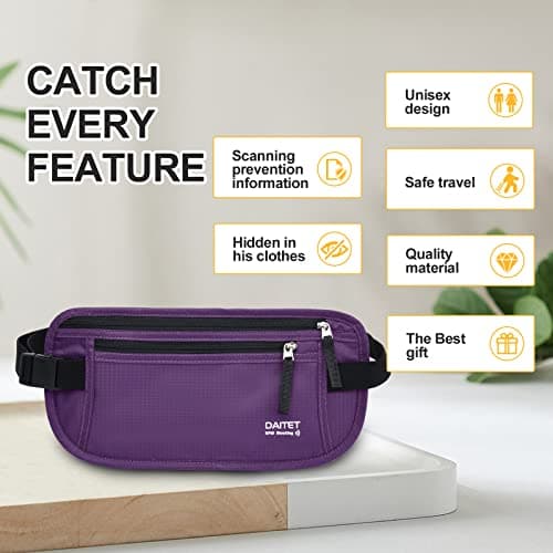 RFID Blocking Money Belt for Men Women, Slim Fanny Pack for Travel，Running,Conceal Waist Wallet for Passport Holder,Phone,Cash(Dark Purple) — view 2