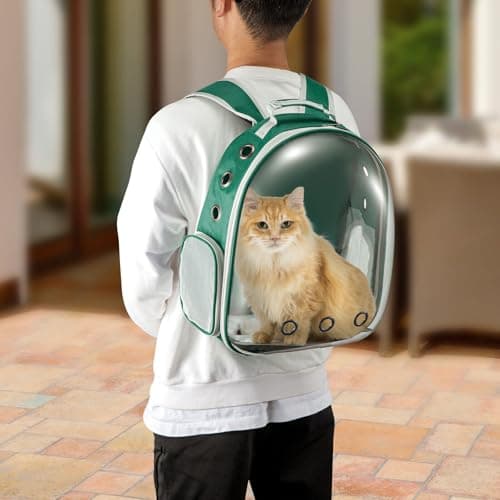 LN COZY CORNER Transparent Bubble Cat Backpack –Space Capsule Pet Carrier Backpack with Hard‑Shell Dome, Breathable Mesh & Padded Straps – Hands‑Free Travel Cat Bag Carrier (Green) — view 5