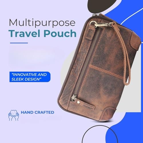 Leatherganic Cosmetics Case Travel Organizer Pouch Portable Tech Bag with Zipper Closure Leather Toiletry Bag for Men & Women Cord Storage Case Large Dopp Kit Makeup Bag Handbag Organizer — view 3