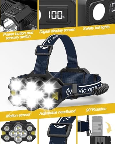 Victoper Rechargeable Head Torch with Upgraded 11 LED, 25,000 Lumen Super Bright Headlamp, 12+12 Modes, Waterproof, Gesture Sensing Hands-Free Light for Camping, Running, Fishing, and Hiking Blue — view 3