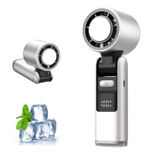Portable Handheld Turbo Fan with Ice Cooler, Foldable Mini USB Fan with LED Display, 100-Speed Cooling Fans for Travel, Office, Camping, Home Use, Powerful Rechargeable Fans for Men & Women (White)