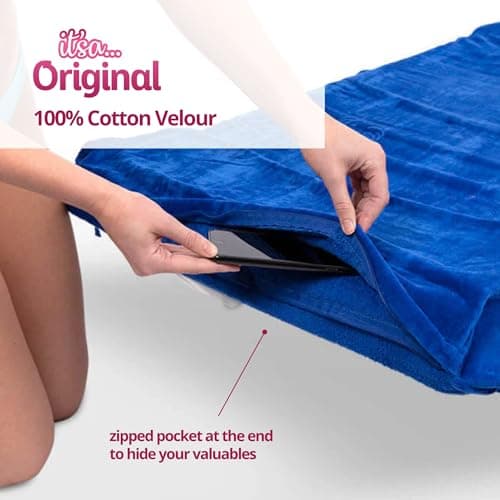 ITSA Velour Beach Towel with Pockets & Handles | 100% Cotton Foldable Sun Lounger Cover | Carry Bag | Secure Storage Beach Towel (Turquoise) — view 5