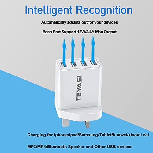 USB Plug, Multi USB Charger Plugs UK 25W Phone Plugs with USB Port Multiple 4 Way 3 PIN Mains Charge Head 5V 5AMP Multiport Charging for iPhone 14 Pro Max 13 12 11 SE XS XR X 8 7 6 5, iPad — view 3